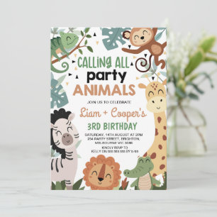 Invitación Twins Brown Green Calling Animals Fiesta Cumpleaño