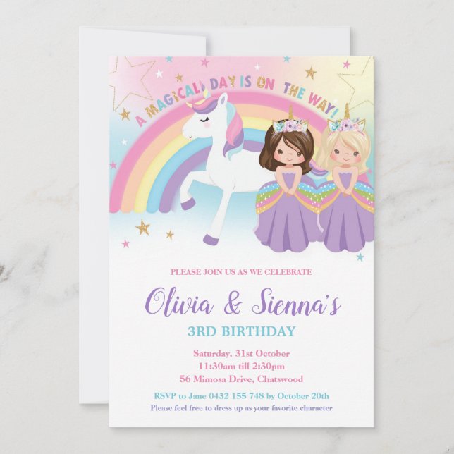 Invitación Twins Brunette Blonde Princesses Unicorn Birthday  (Anverso)