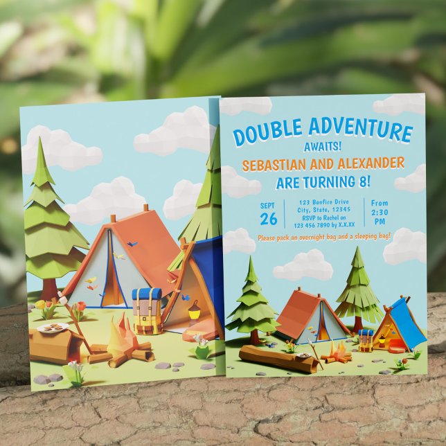 Invitación Twins Camping Double Adventure espera el cumpleaño (Twins Camping Double Adventure Awaits Birthday Invitation)