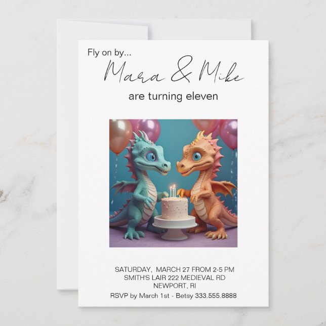 Invitación *~* TWINS Dragon Cake Photo AP88 Fiesta de cumplea (Anverso)