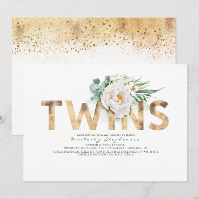 Invitación Twins Floral Gold Typography Baby Shower (Anverso / Reverso)