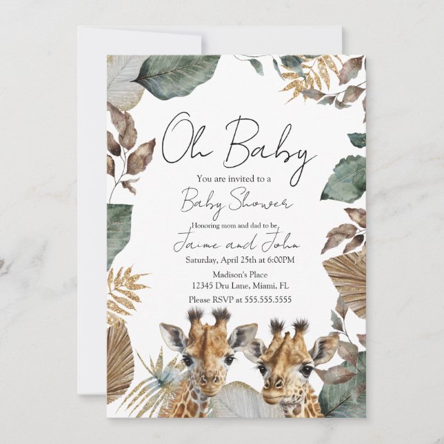 Invitación Twins Giraffe Jungle Wild Baby Shower (Anverso)