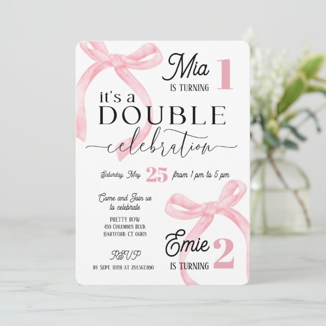 Invitación Twins Join Birthday Pink Coquette (Anverso de pie)