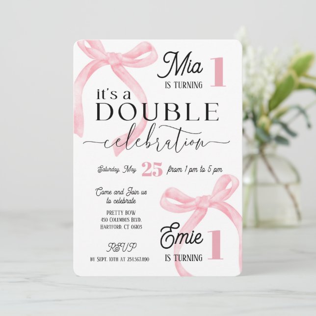 Invitación Twins Join Birthday Pink Coquette (Anverso de pie)
