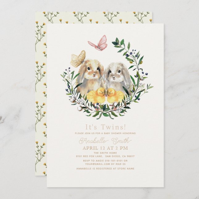 Invitación Twins Lop Rabbit Bunny Chick Butterfly Baby Shower (Anverso / Reverso)
