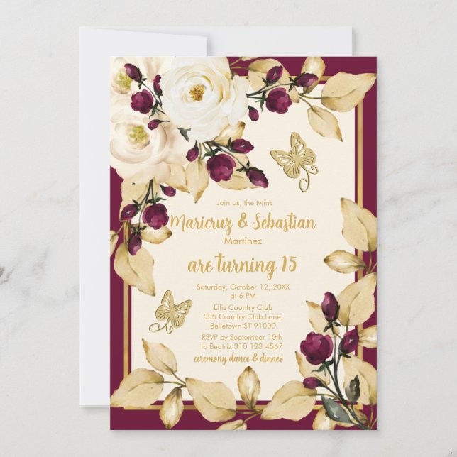 Invitación Twins Quinceañera Champagne Burgundy Gold Frame (Anverso)