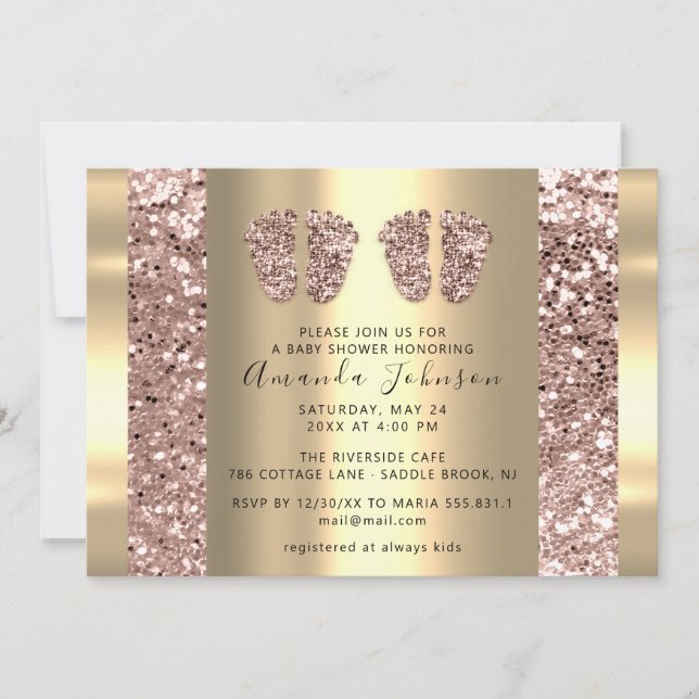 Invitación Twins Rosa de pies de Baby Shower Purpurina niño G (Anverso)