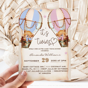 Invitación Twins Rustic Bear Boy y Chica Blue Baby Shower ros