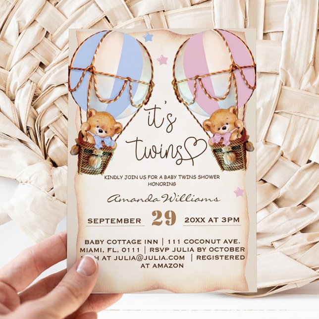 Invitación Twins Rustic Bear Boy y Chica Blue Baby Shower ros (Subido por el creador)