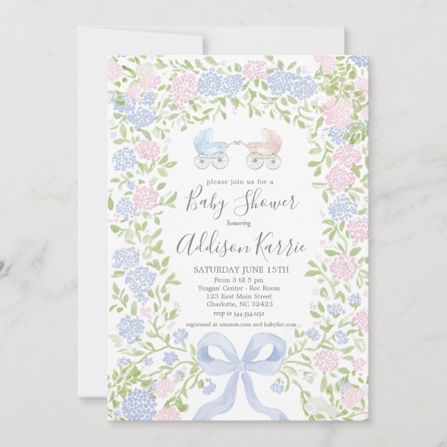 Invitación Twins shower, baby carriage shower invitation (Anverso)