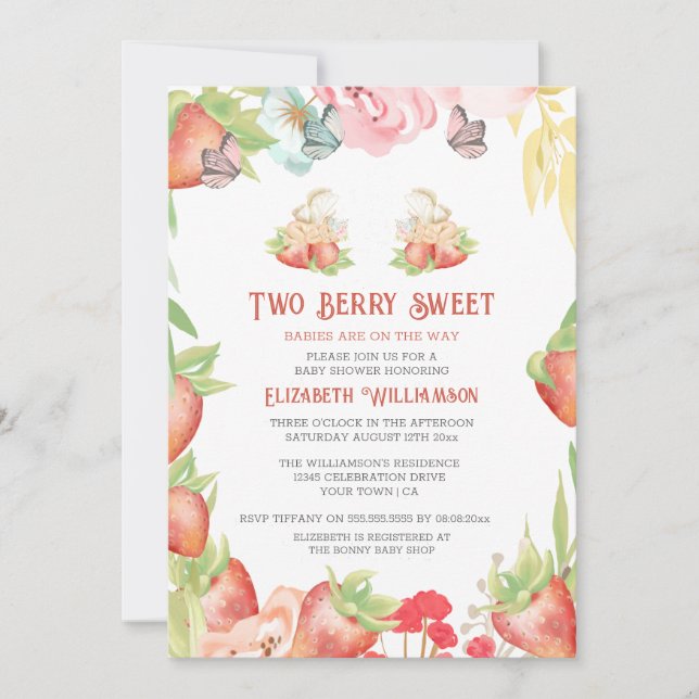 Invitación Twins Strawberry Berry Sweet Baby Shower (Anverso)