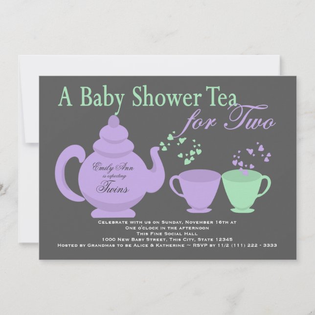 Invitación Twins Tea Fiesta Purple Green Baby Shower (Anverso)
