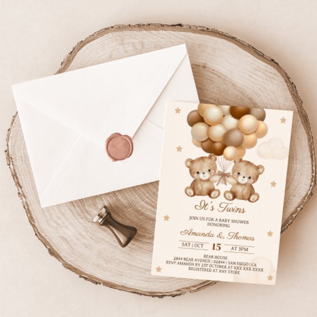 Invitación Twins Teddy Bear Balón Neutral Baby Shower (Subido por el creador)