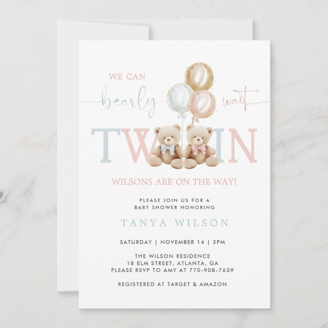 Invitación Twins Teddy Bear Bearly Wait Baby Shower (Anverso)