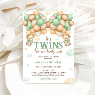Invitación Twins Teddy Bear Green Baby Shower