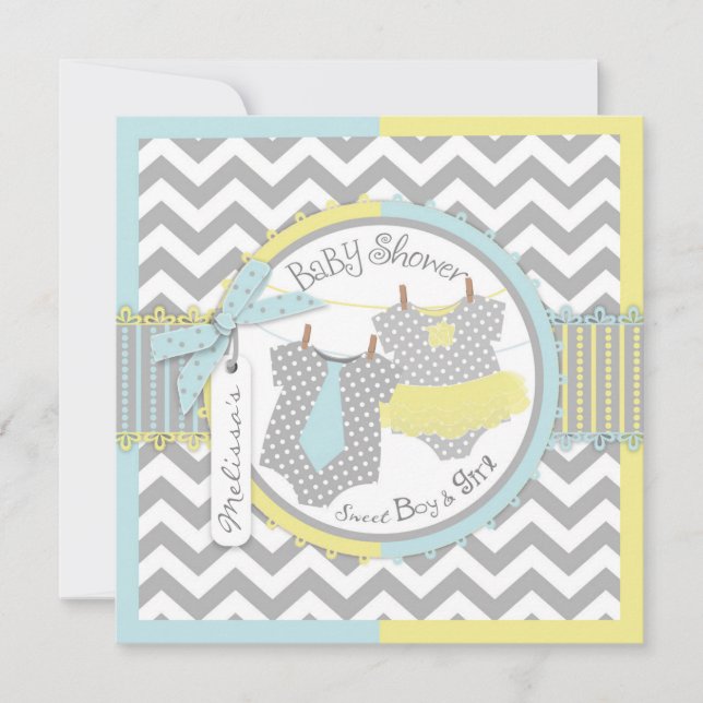 Invitación Twins Tie Tutu Chevron Baby Shower (Anverso)