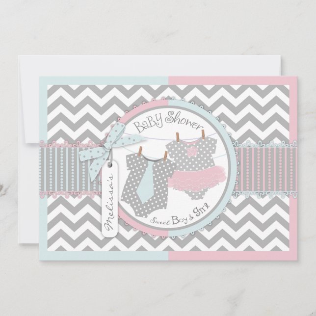 Invitación Twins Tie Tutu Chevron Baby Shower (Anverso)