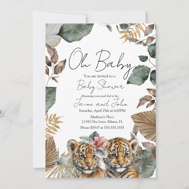 Invitación Twins Tiger Jungle Wild Details Baby Shower (Anverso)