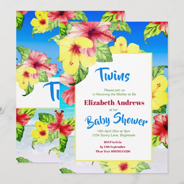 Invitación Twins Tropical Flower Beach Floral Baby Shower (Anverso / Reverso)