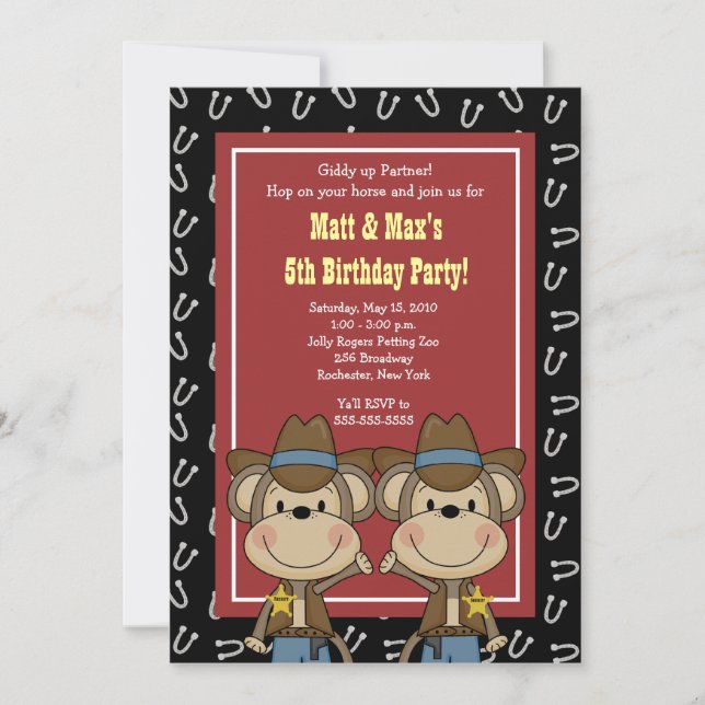Invitación TWINS Twin Boys Western Cowboy Monkey 5x7 Cumpleañ (Anverso)