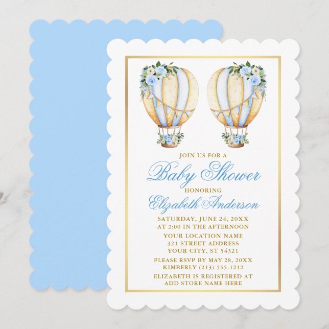 Invitación Twins Watercolor Blue Floral Globos Baby Shower (Anverso / Reverso)