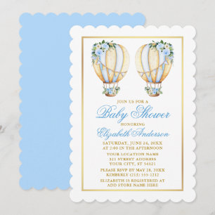 Invitación Twins Watercolor Blue Floral Globos Baby Shower