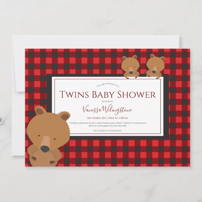 Invitación  Twins Woodland Red Plaid Bear Baby Shower (Anverso)