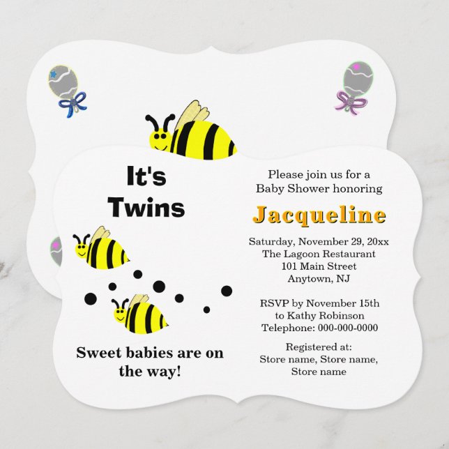 Invitación Twins Yellow Bee Baby Rattles Baby Shower  (Anverso / Reverso)