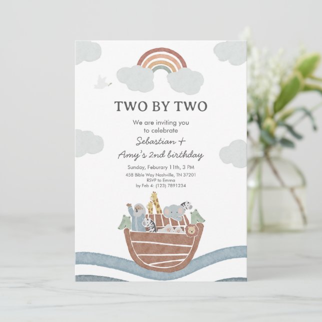 Invitación Two by Two Noahs Ark Twin Birthday (Anverso de pie)