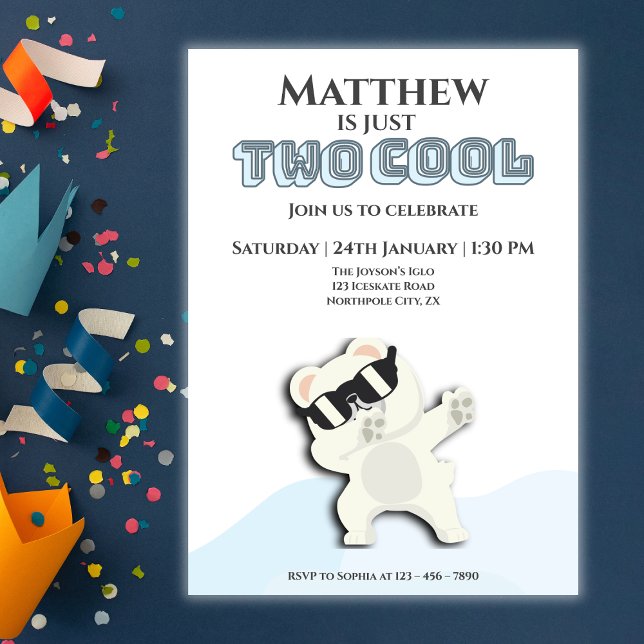 Invitación Two Cool Winter Polar Bear dabbing 2nd bday (Subido por el creador)