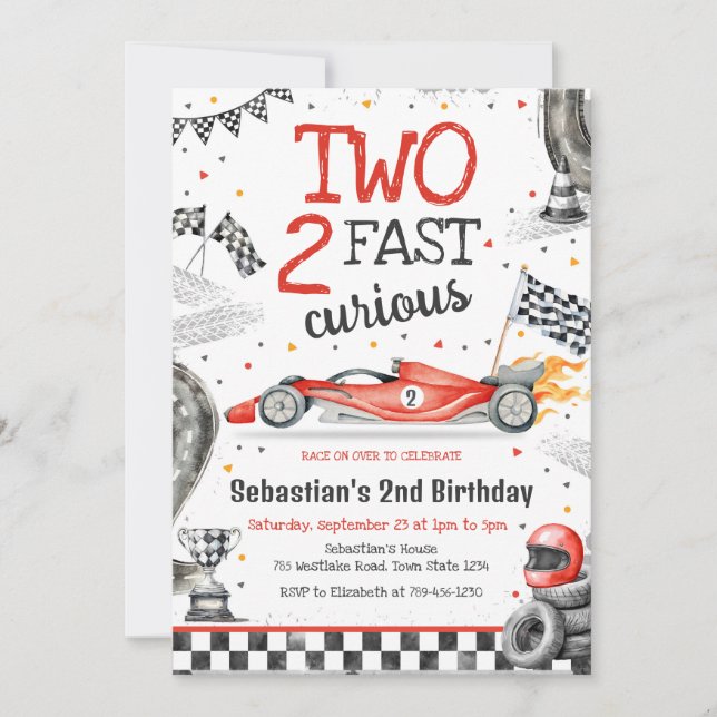 Invitación Two Fast 2 Curious Race Car Boy 2nd Birthday (Anverso)