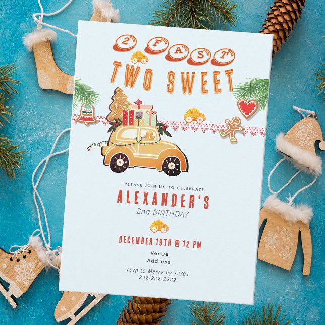 Invitación Two Fast Christmas Gingerbread Car B 2nd Birthday (Two Fast Two Sweet Christmas Gingerbread Car Blue Boy 2nd Birthday Festive December Winter Invite)