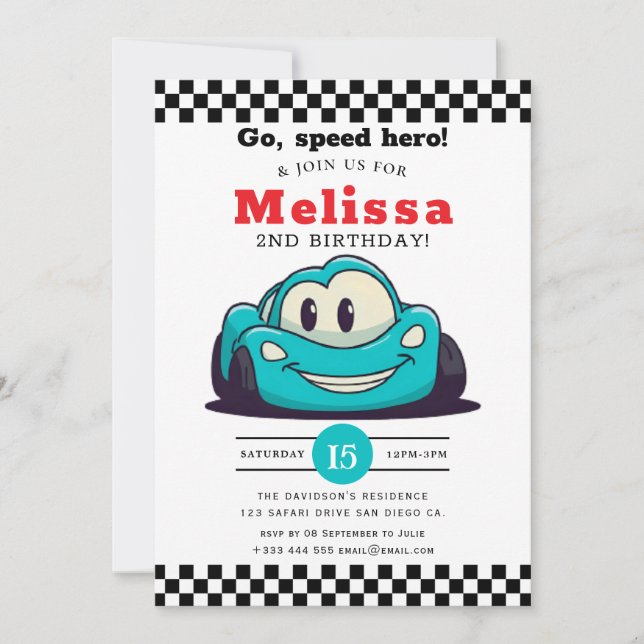 Invitación Two Fast Race Car Boy 2nd Birthday Party (Anverso)