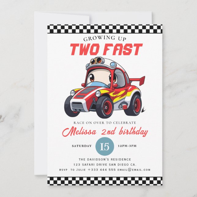 Invitación Two Fast Race Car Boy 2nd Birthday Party (Anverso)