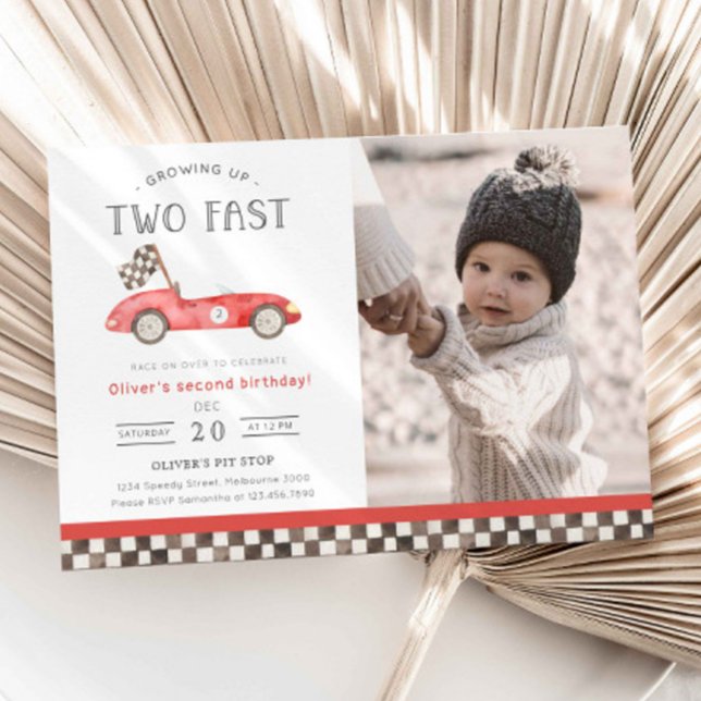 Invitación Two Fast Red Race Car 2nd Birthday Photo (Subido por el creador)