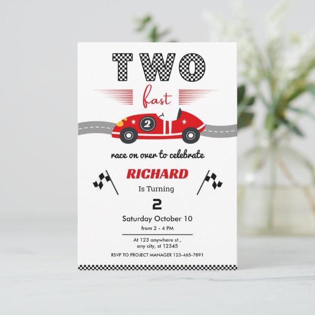 Invitación Two Fast Red Race Car 2nd Birthday °Race (Anverso de pie)
