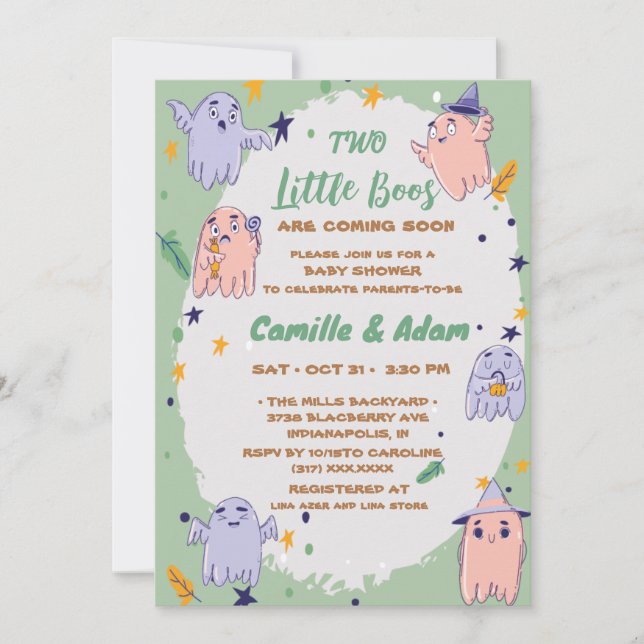 Invitación Two little boos boy, girl halloween baby shower (Anverso)