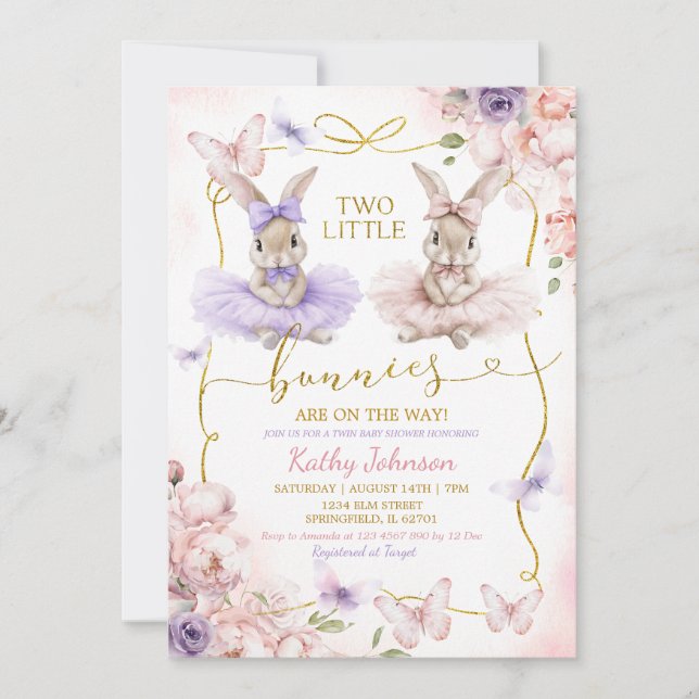 Invitación Two Little Bunnies Twins Floral Girl Baby Shower (Anverso)