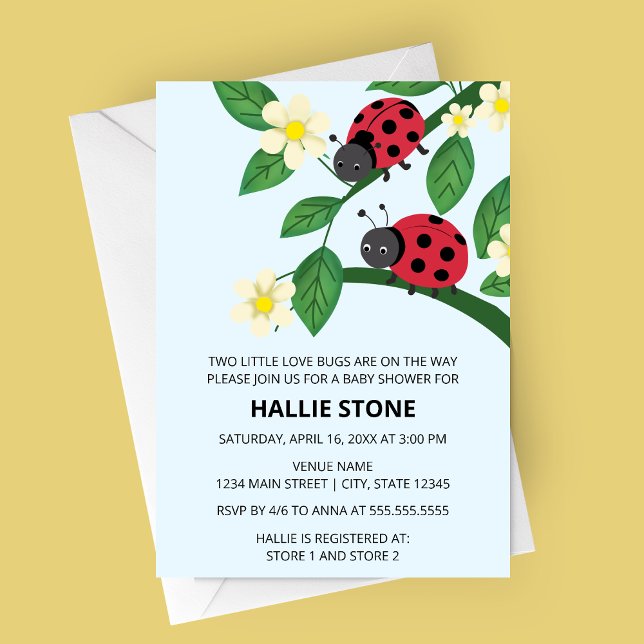 Invitación Two Little Love Bugs Ladybug Baby Shower (Two Little Love Bugs Ladybug Baby Shower Invite | Floral Garden Twin Shower Invitation)