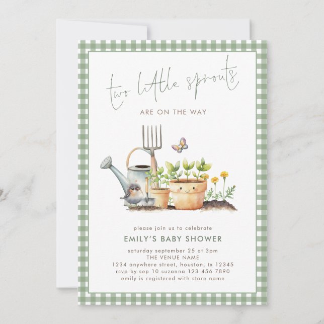 Invitación Two Little Sprouts Twins Sage Gingham Baby Shower  (Anverso)