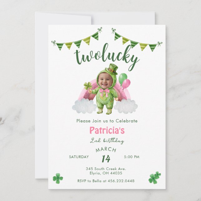 Invitación Two Lucky 2nd With Photo Birthday (Anverso)