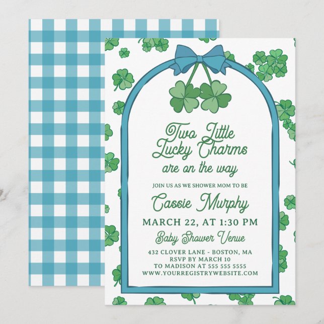 Invitación Two Lucky Charms Clovers Boy Twins Baby Shower (Anverso / Reverso)