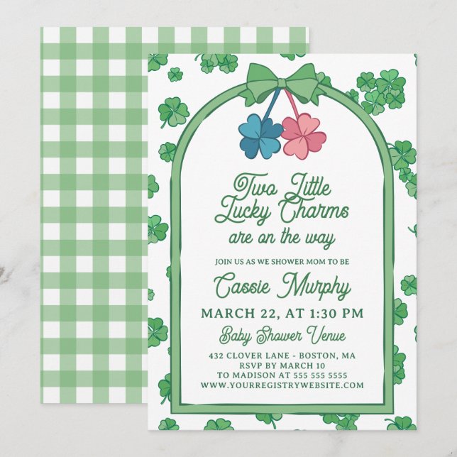 Invitación Two Lucky Charms Clovers Girl Boy Twin Baby Shower (Anverso / Reverso)