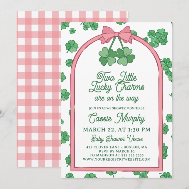 Invitación Two Lucky Charms Clovers Girl Twins Baby Shower (Anverso / Reverso)