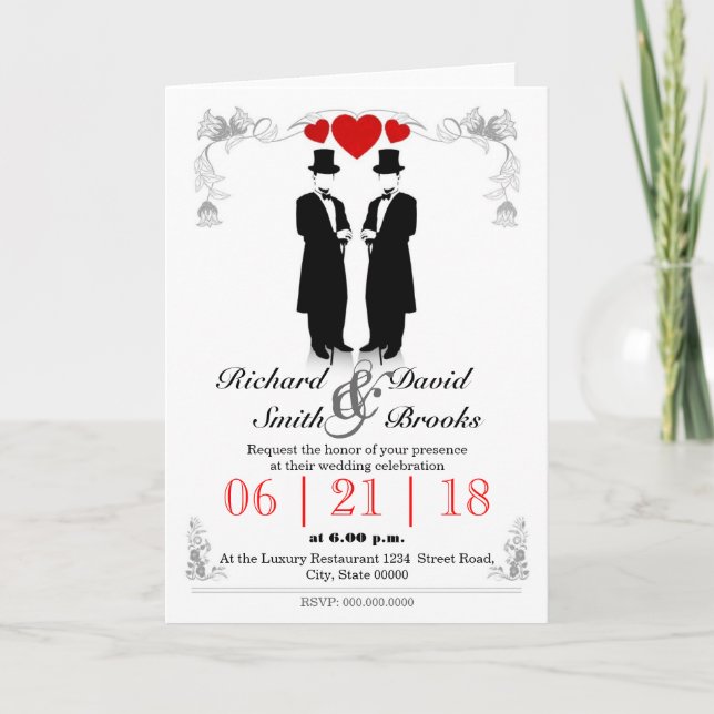 Invitación Two men in tuxedo with hats - Gay wedding (Anverso)