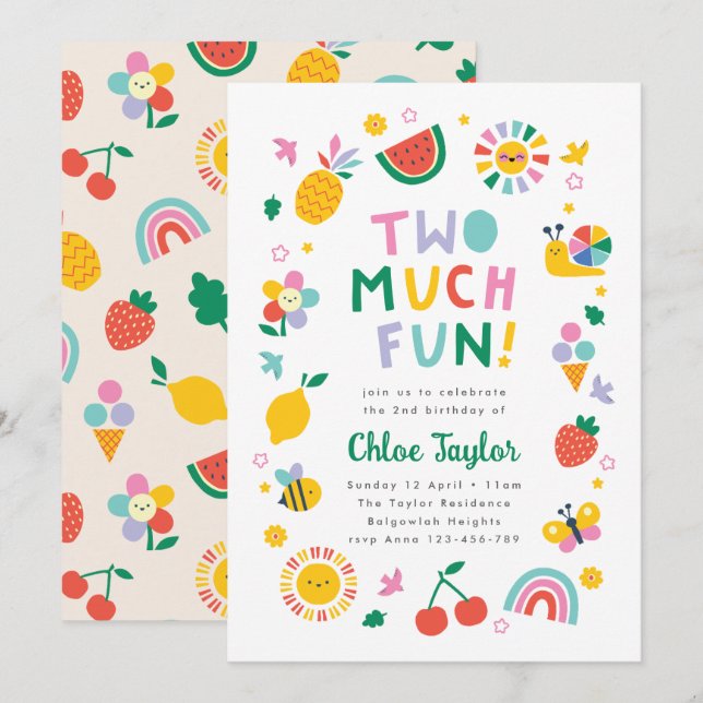 Invitación Two Much Fun Invite, Girls Second Birthday  (Anverso / Reverso)