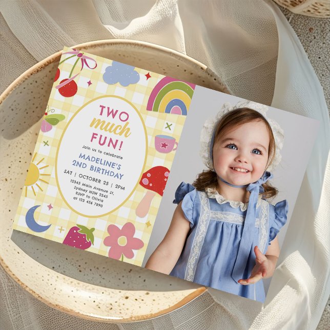 Invitación Two Much Fun Retro Hand Drawn 2nd Birthday Photo (Subido por el creador)