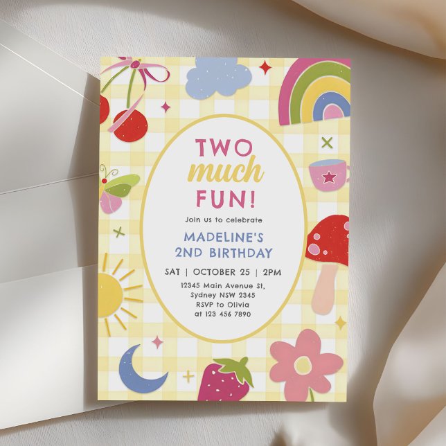Invitación Two Much Fun Retro Hand Drawn Quirky 2nd Birthday (Subido por el creador)