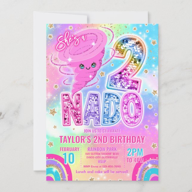 Invitación Two Nado Rainbow Glitter 2nd Birthday Party  (Anverso)