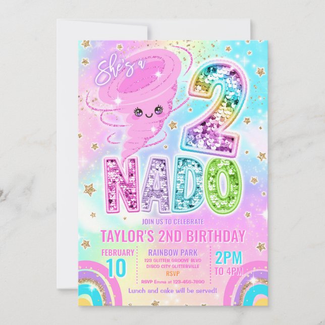 Invitación Two Nado Rainbow Glitter 2nd Birthday Party  (Anverso)